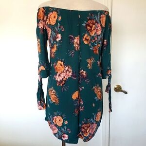 Miley + Molly Off The Shoulder Hunter Green Floral Women's Dress Size L